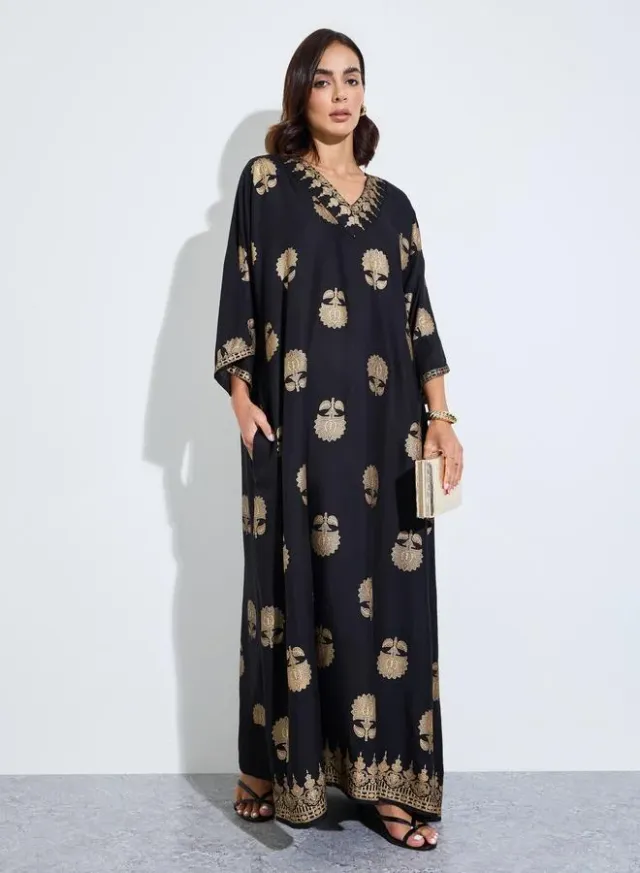 Black Foil Print Kimono Sleeves Jalabiya