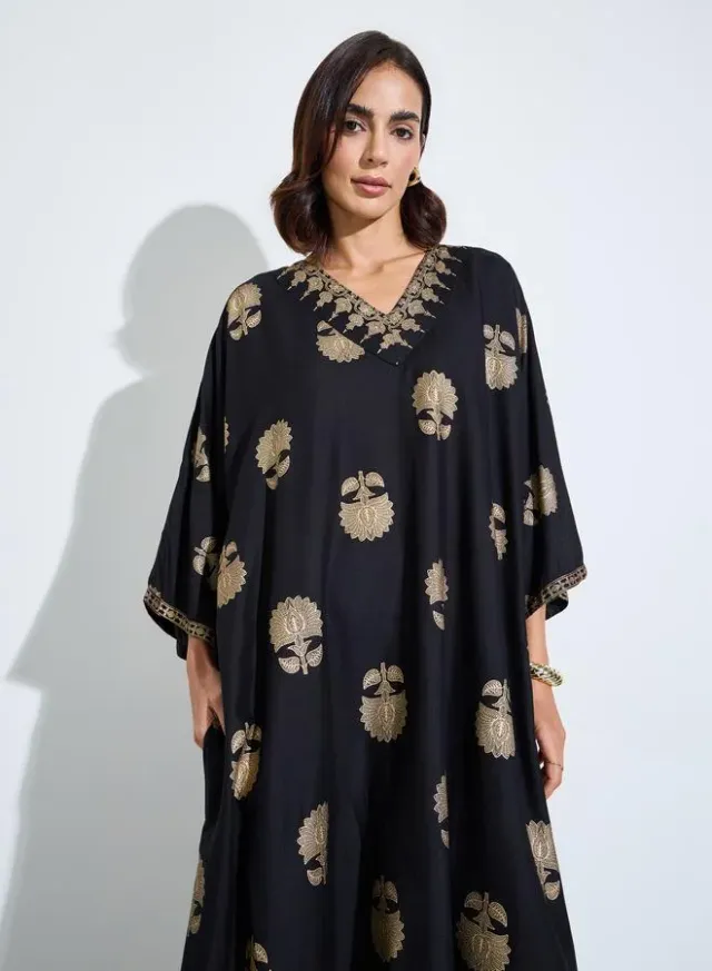Black Foil Print Kimono Sleeves Jalabiya – image 2