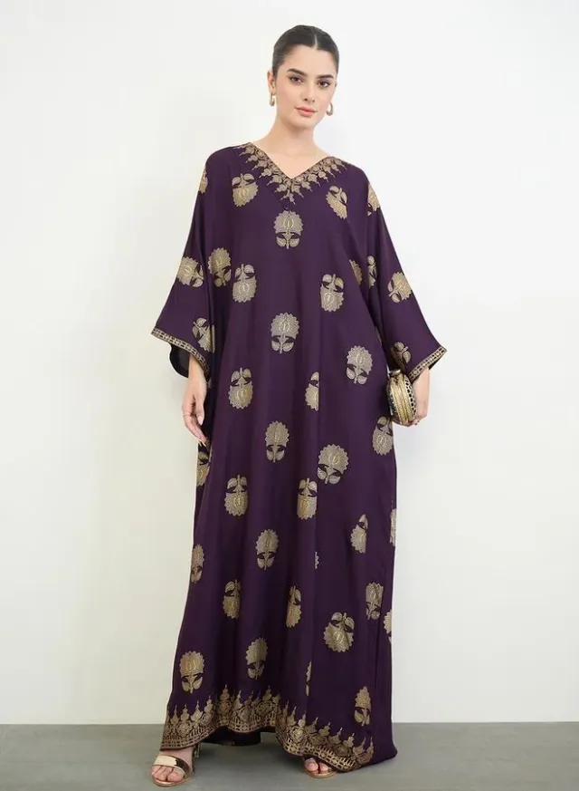 Black Foil Print Kimono Sleeves Jalabiya