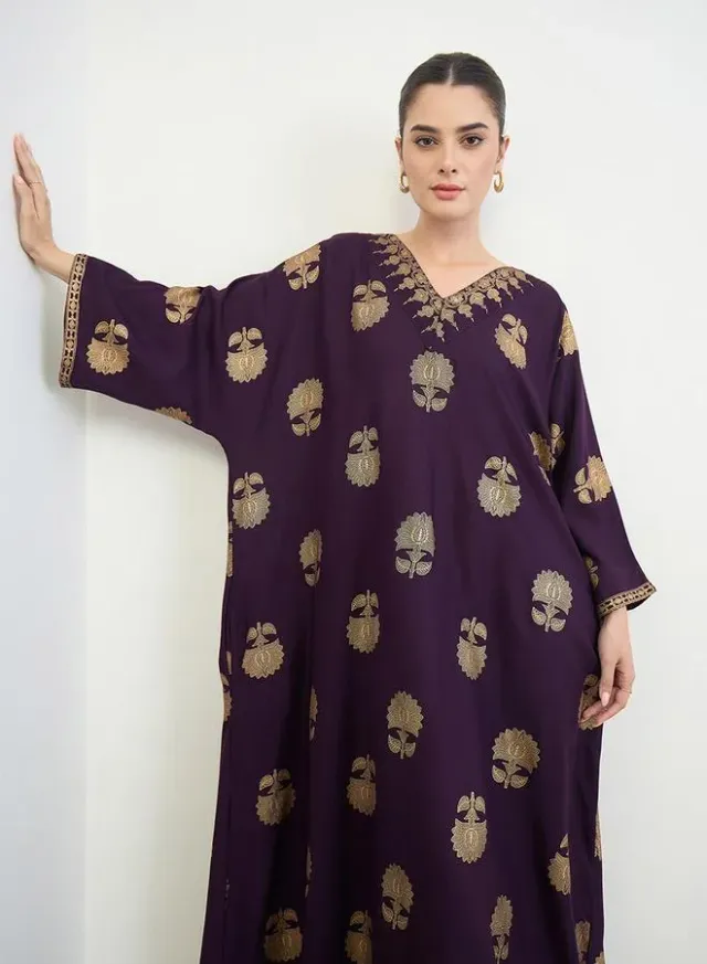 Black Foil Print Kimono Sleeves Jalabiya – image 2