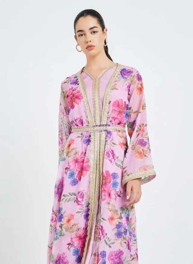 Women Black Printed Embroidered Golden Lace Kaftan – image 2