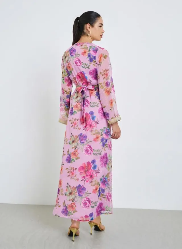 Women Black Printed Embroidered Golden Lace Kaftan – image 5