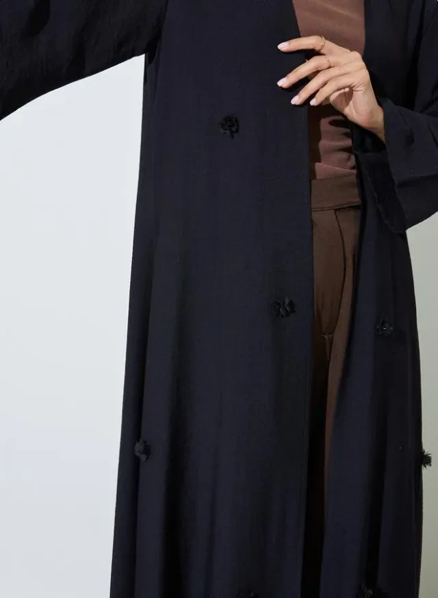 Black Floral Embroidered Open Front Abaya – image 4