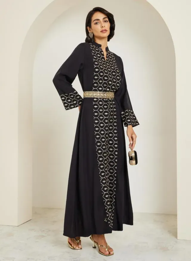 Women Black Embroidered Front Panel Belted Jalabiya