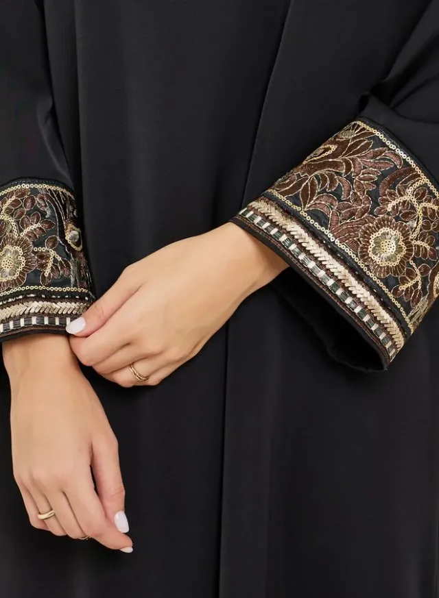 Black Notch Neck Jalabiya with Embroidered Cuffs – image 4