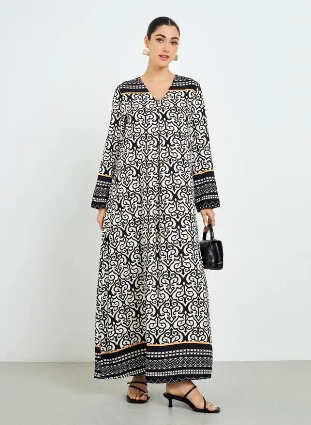 Black Printed V-Neck A-Line Jalabiya – image 2