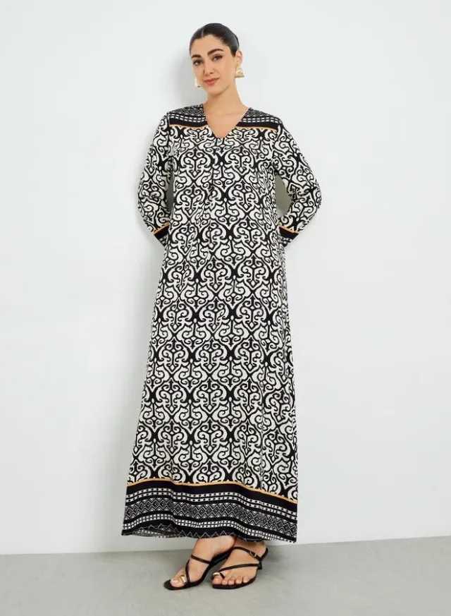 Black Printed V-Neck A-Line Jalabiya – image 4