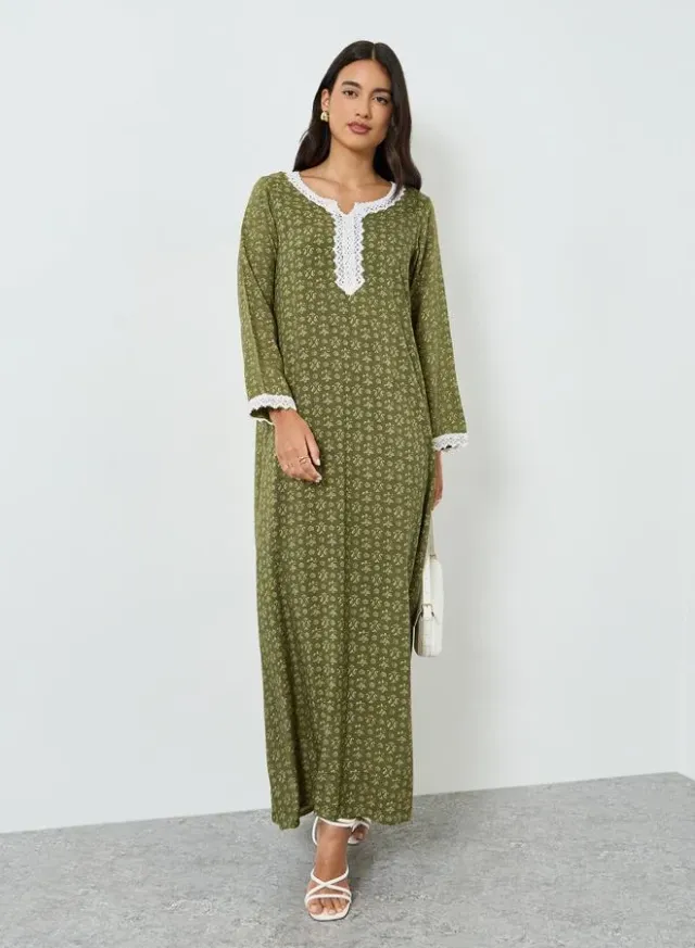 Black Floral Print A-Line Jalabiya