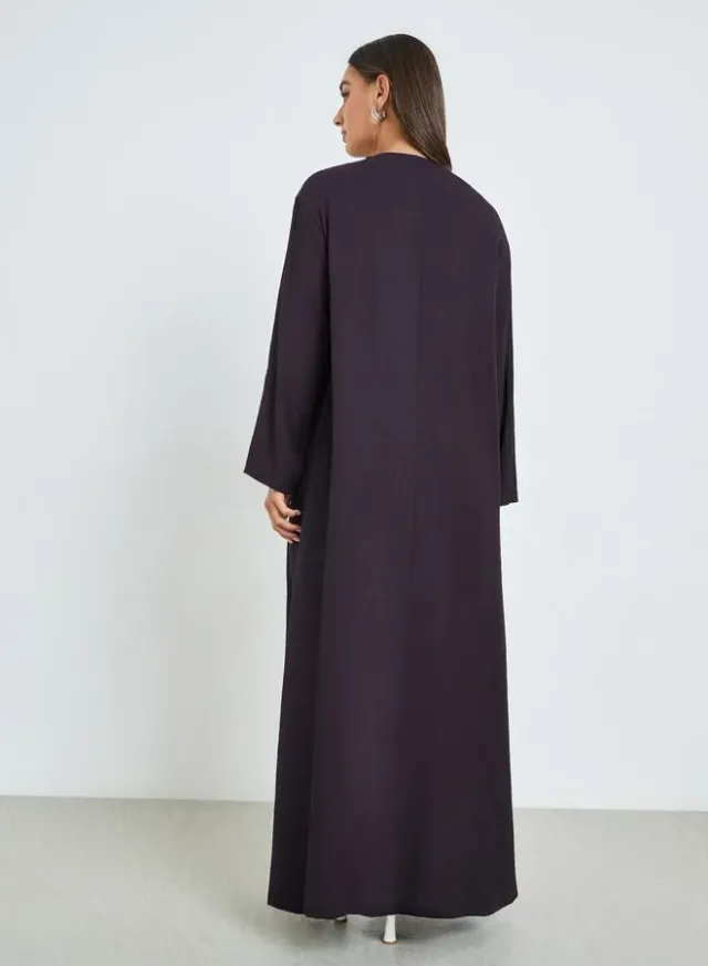 Black Front Open Linen Look Abaya – image 3