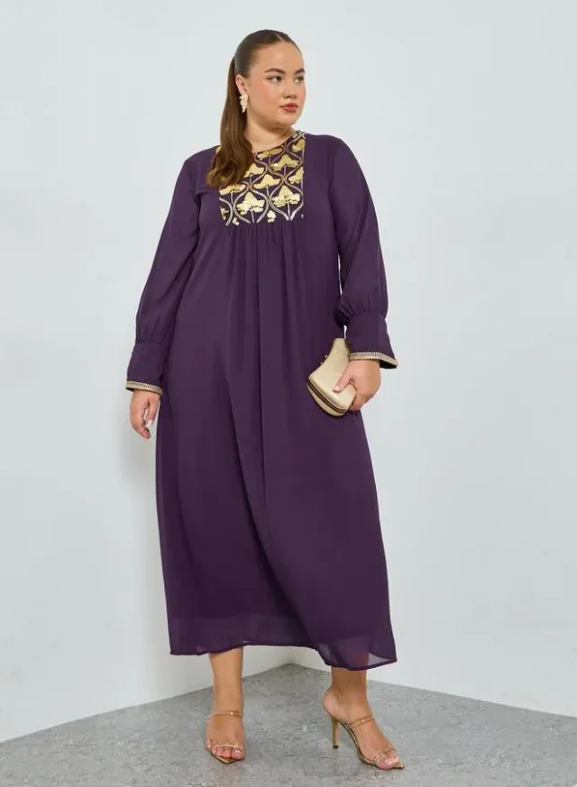 Plus Size Glittered Yoke Short Sleeve Jalabiya