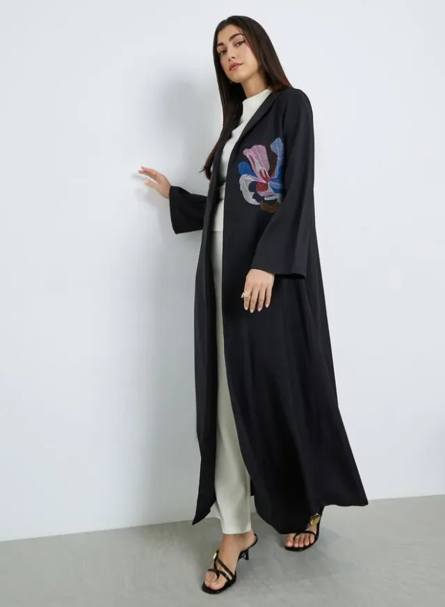Women Black Floral Embroidered Abaya