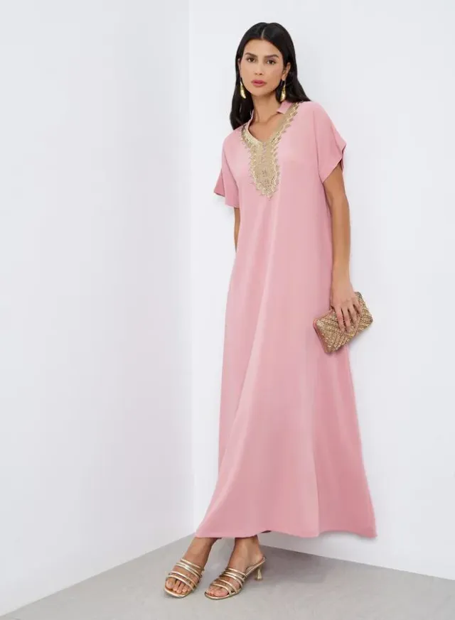 Black Stand Collar Jalabiya with Embroidered Sleeves