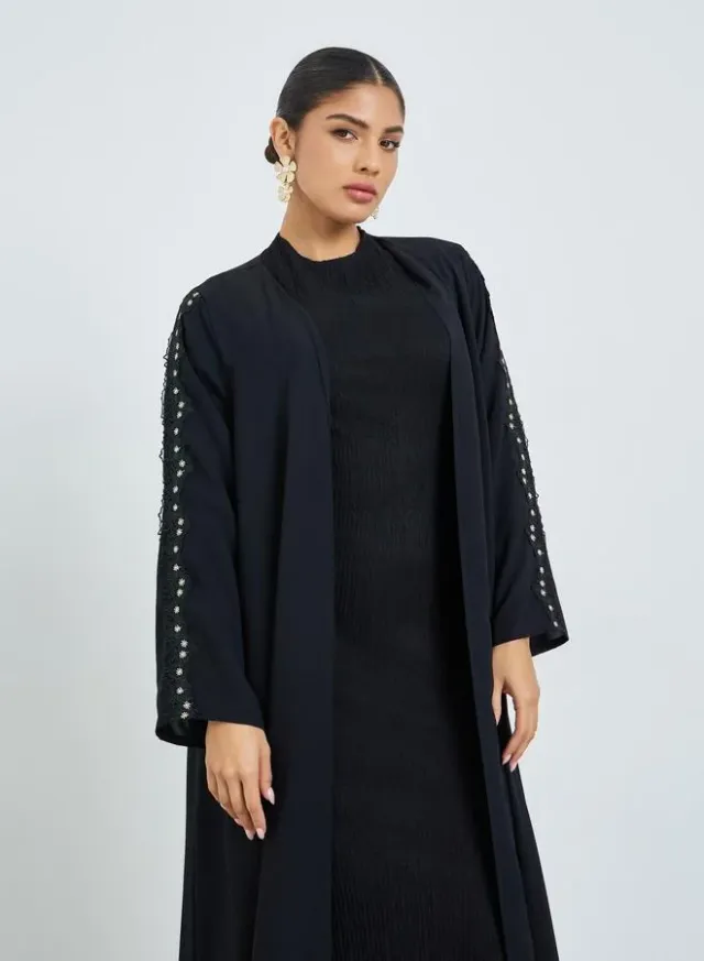 Black Front Open Abaya with Lace Detail – image 2
