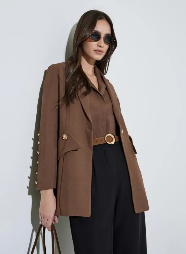 Brown Solid Button Detail Slim Fit Blazer