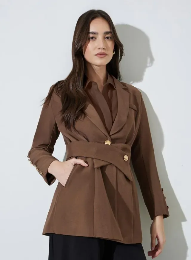 Brown Solid Button Detail Slim Fit Blazer – image 5