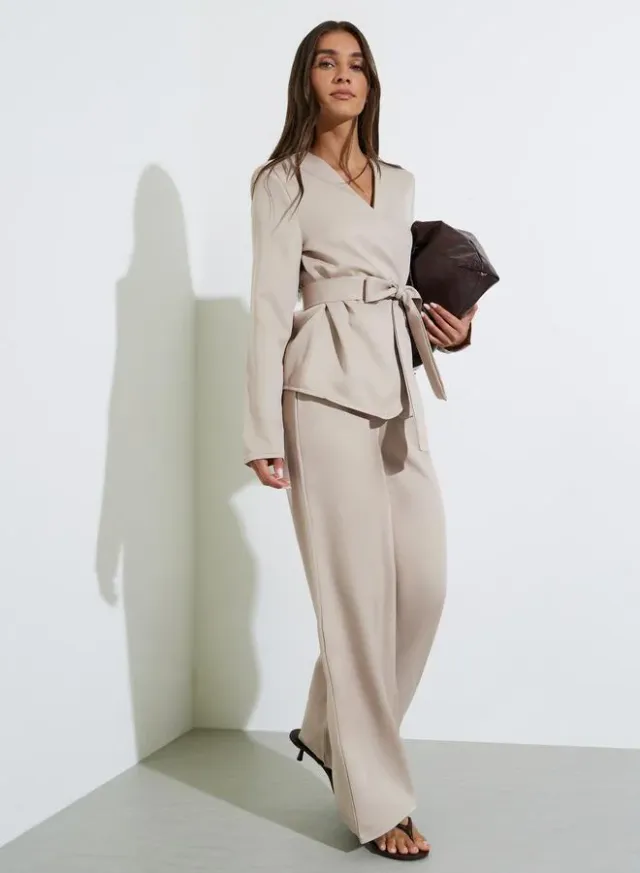 Khaki Wrap Blazer and Wide Leg Trousers Co-Ord Set