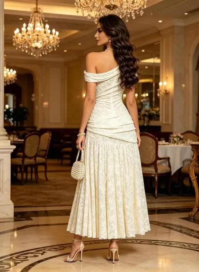 Cream Off-Shoulder Lace Ruched Waist Maxi Dress – image 3