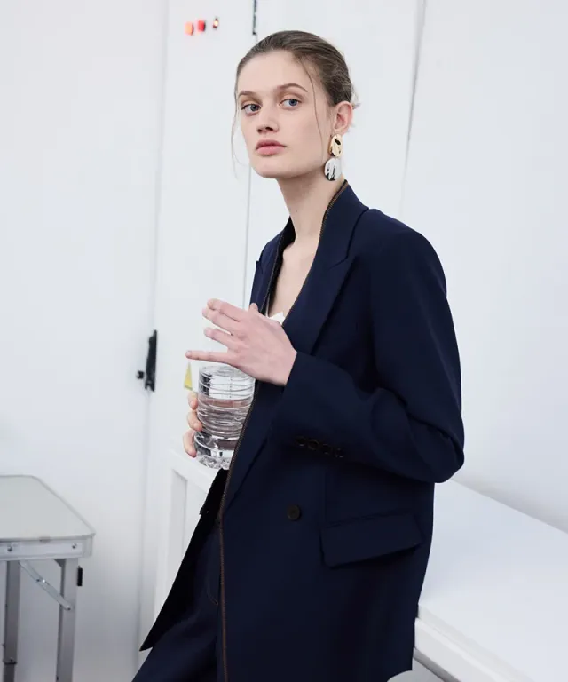 Contrast Stitch Double-Breasted Blazer