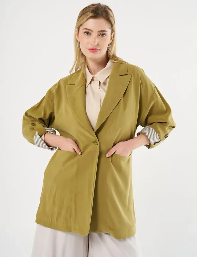 Foldable Cuffs Buttoned Jacket Khaki – image 3