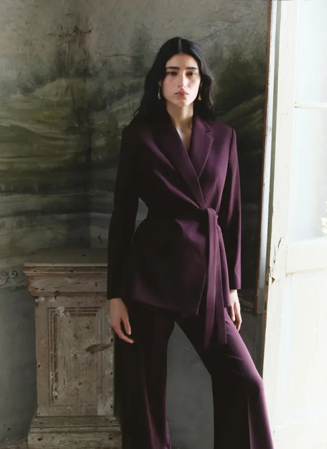 Double-Breasted Belted Suit Blazer