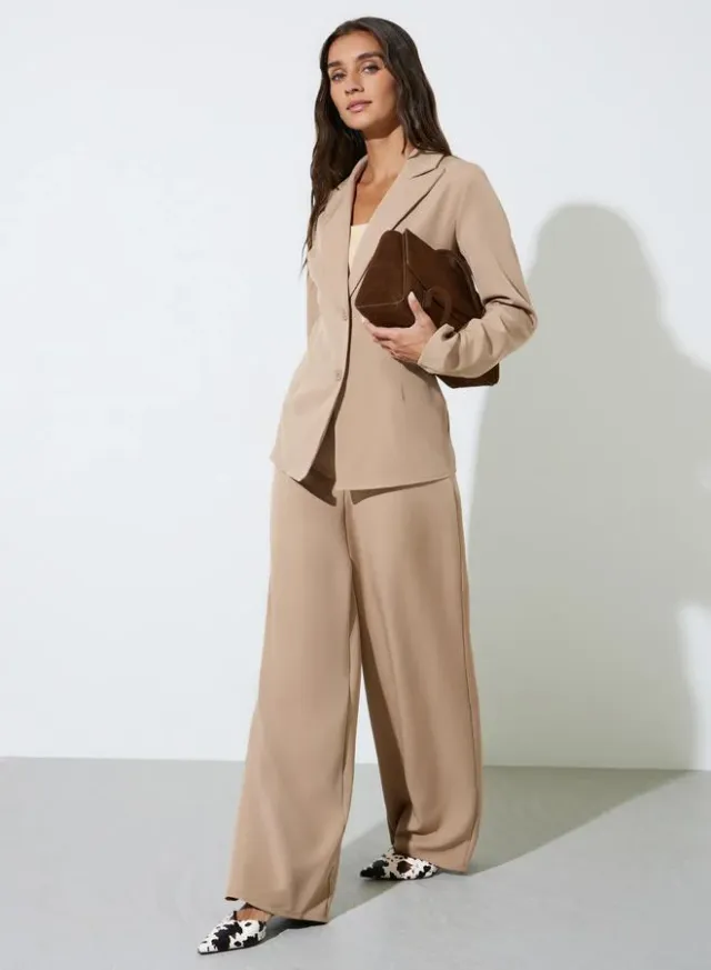 Khaki Solid Blazer and Wide-Leg Trousers Co-ord Set