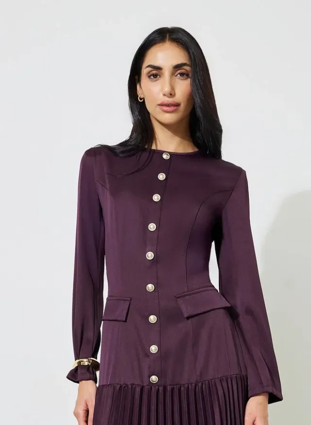 Purple Solid Pleated Button Detail A-Line Maxi Dress – image 2
