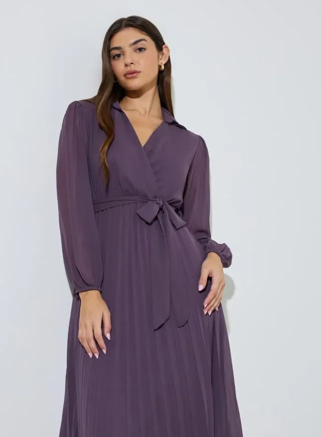 Lilac Solid Tie-Up Waist Pleated Wrap Maxi Dress – image 2