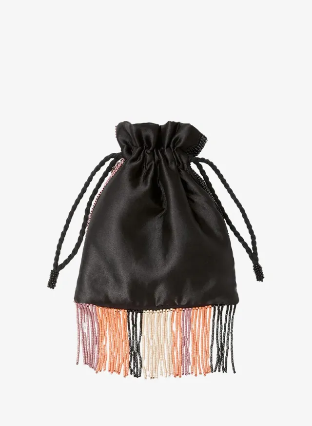 Women's Multi Stripe Beaded Fringe Potli Bucket Bag – صورة 2