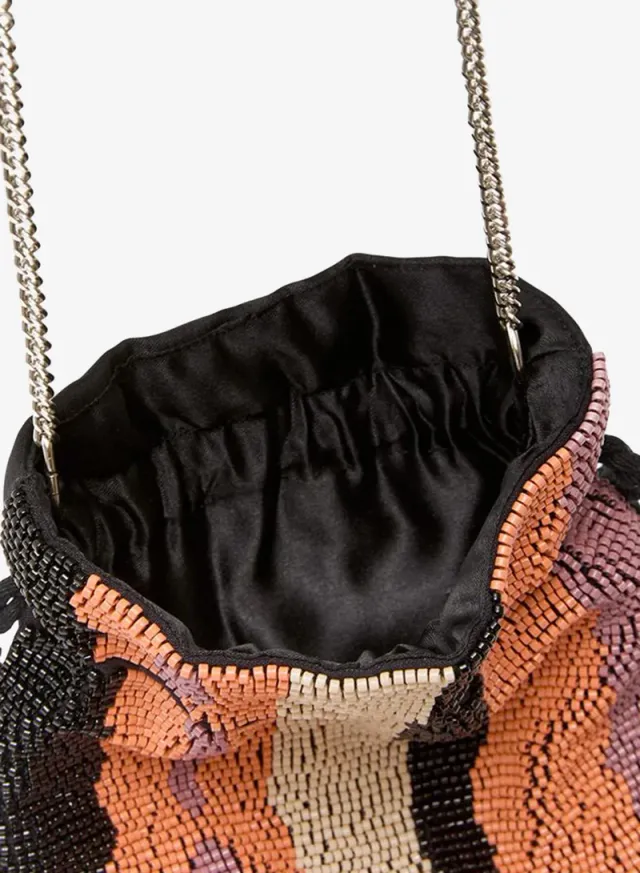 Women's Multi Stripe Beaded Fringe Potli Bucket Bag – صورة 3