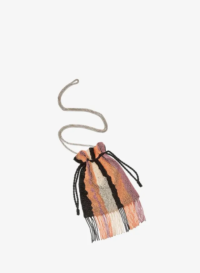 Women's Multi Stripe Beaded Fringe Potli Bucket Bag – صورة 4