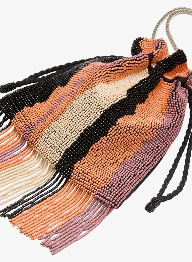 Women's Multi Stripe Beaded Fringe Potli Bucket Bag – صورة 5