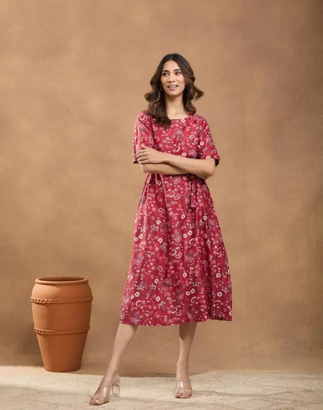 Red Cotton Silk Midi Dress – image 2