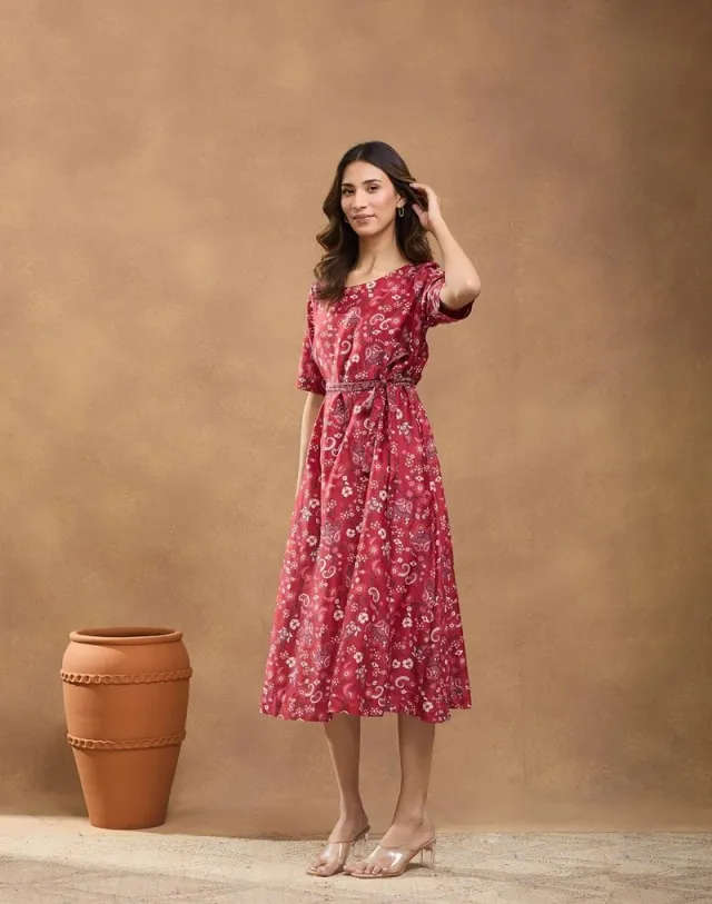 Red Cotton Silk Midi Dress – image 3