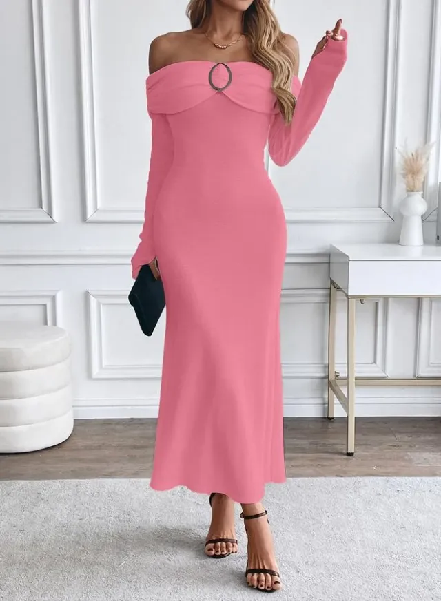 Pink Off Shoulder Bodycon Midi Dress – image 2