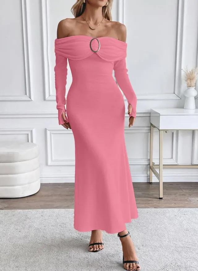 Pink Off Shoulder Bodycon Midi Dress – image 3