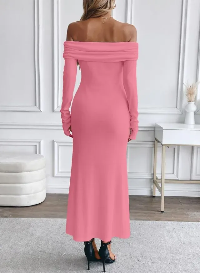 Pink Off Shoulder Bodycon Midi Dress – image 4