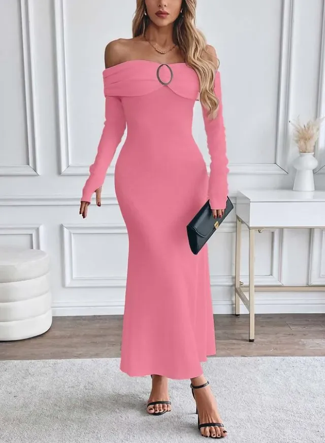 Pink Off Shoulder Bodycon Midi Dress – image 5