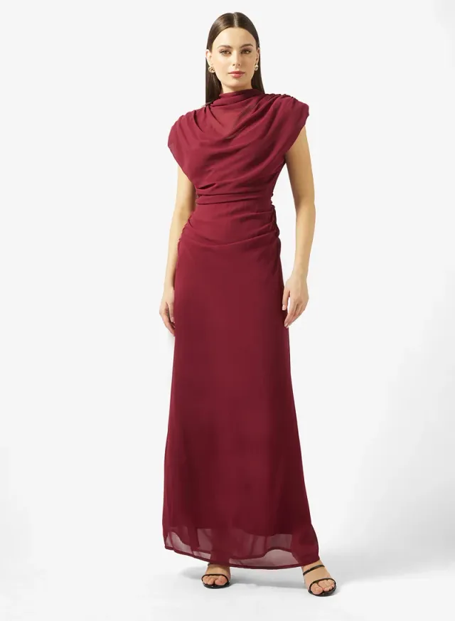 Built Up Shoulder Open Back High Neck Maxi Dress