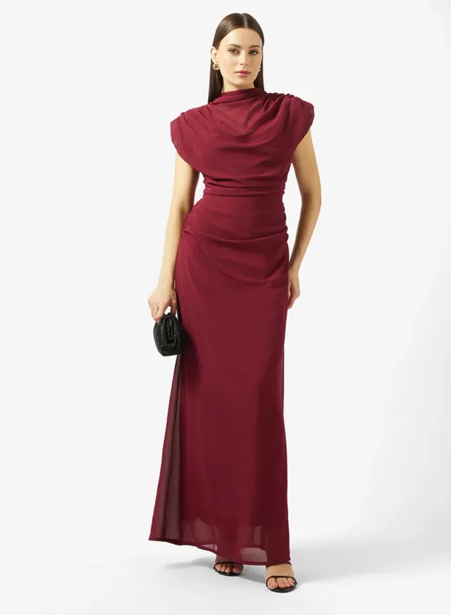 Built Up Shoulder Open Back High Neck Maxi Dress – image 4