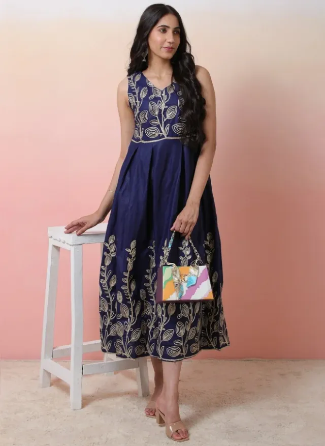Navy Blue Embroidered Midi Dress for Women – image 5