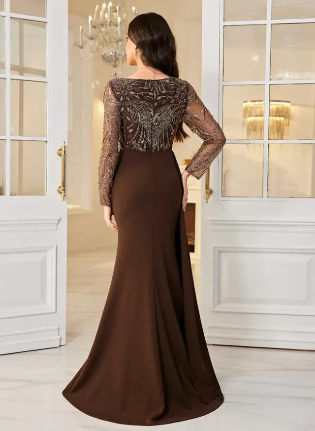 Coffee Brown Sequin Bodice Maxi Dress – image 3