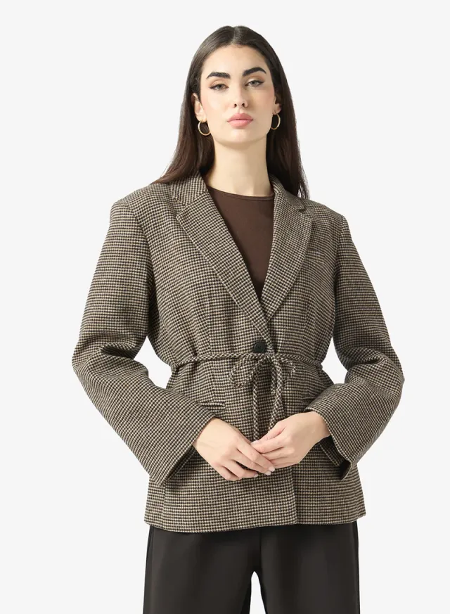 Checked Single Breasted Belt Detail Blazer