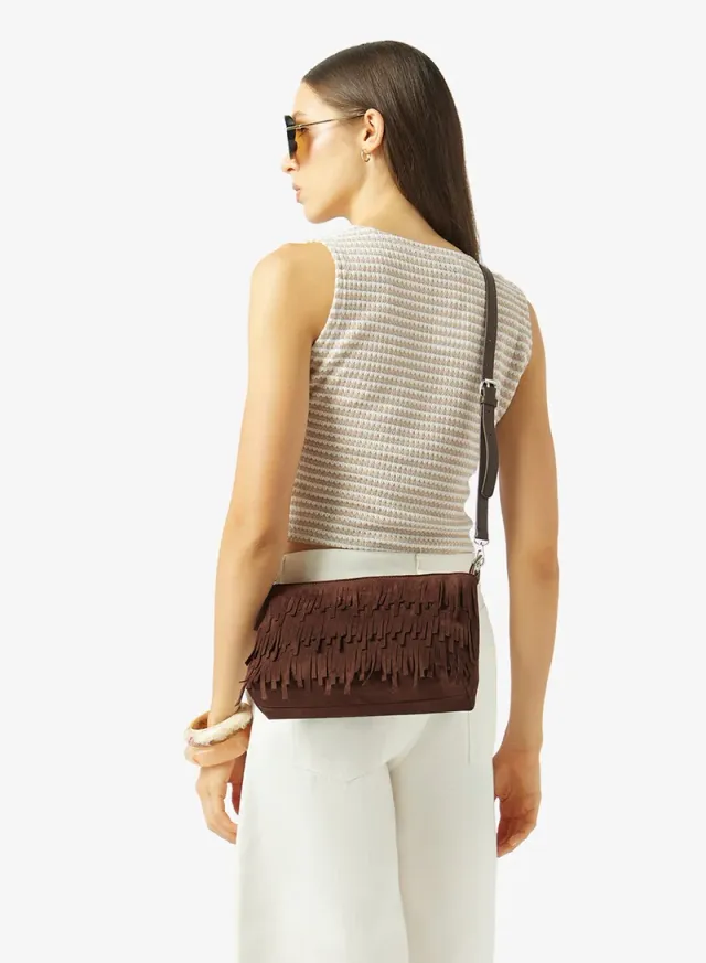 Faux Suede Fringe Crossbody Bag
