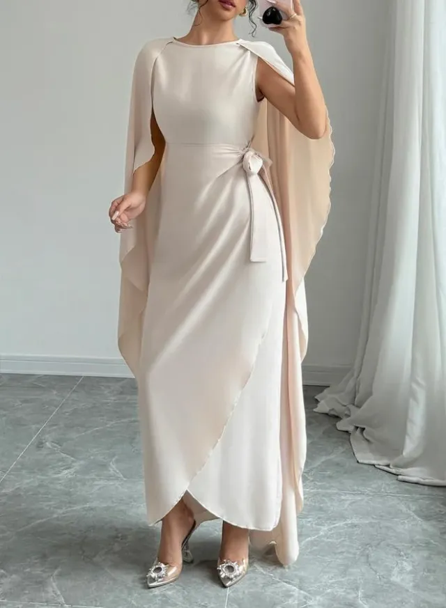 Beige Wrap Front Cape Maxi Dress