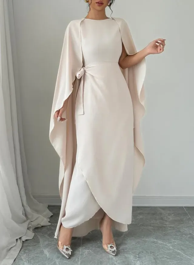 Beige Wrap Front Cape Maxi Dress – image 2