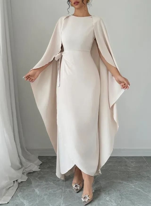 Beige Wrap Front Cape Maxi Dress – image 4