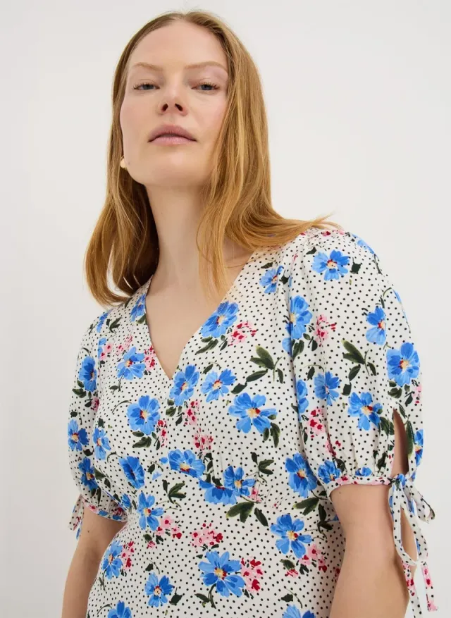 Blue Large Floral Midi Tea Dress – image 3