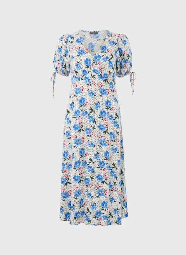 Blue Large Floral Midi Tea Dress – image 4