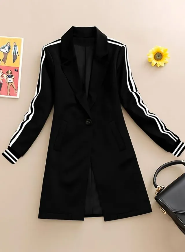 Black Midi Blazer with Stripe Detail