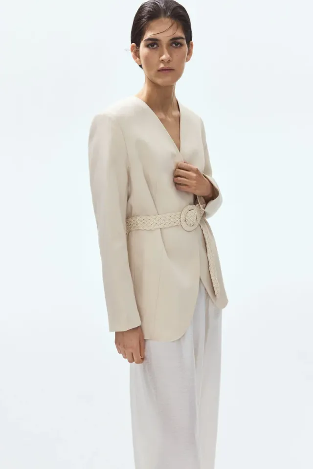 Belted lapelless blazer